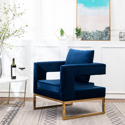 Fauteuil contemporain bleu avec accoudoirs rembourrés en tissu, structure en métal robuste, fauteuil d'appoint carré à dossier rembourré avec base riche, confortable