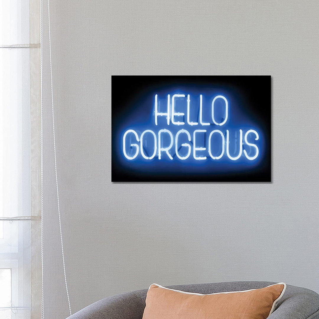 Neon Hello Gorgeous Blueon Black by Hailey Carr - Wrapped Canvas Print