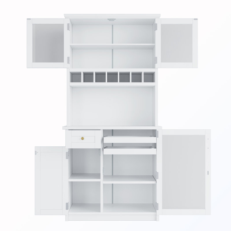 Armoire de rangement de garde-manger autoportante avec huche et support à vin et tablettes réglables, White