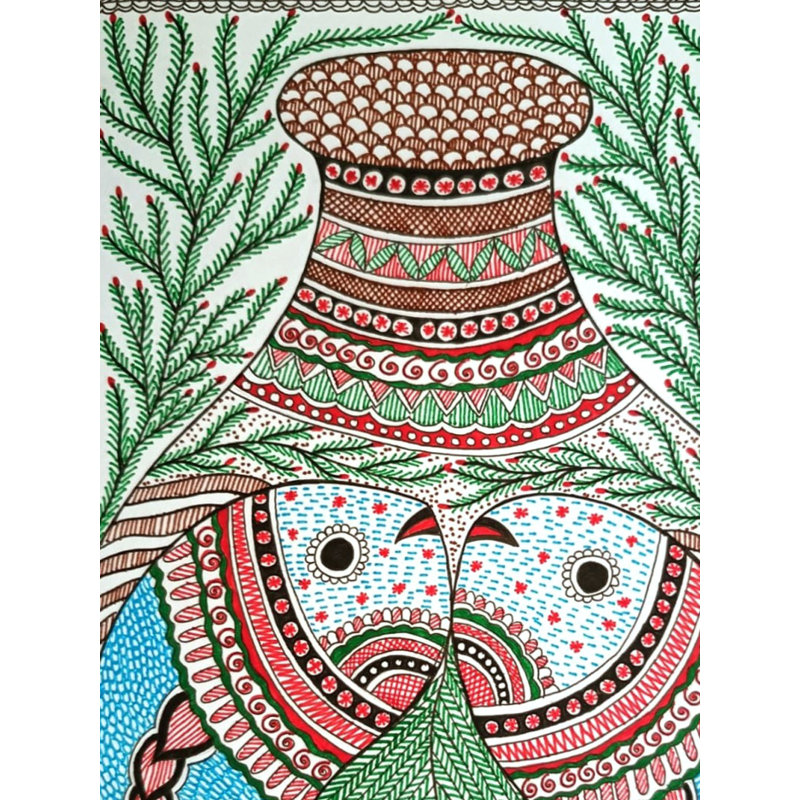 «Madhubani Traditional Fishes Alcoherers Markers and Fineliners», peinture sur papier par Ruchi - Art mural aquatique indien traditionnel pour décoration de cuisine Boho
