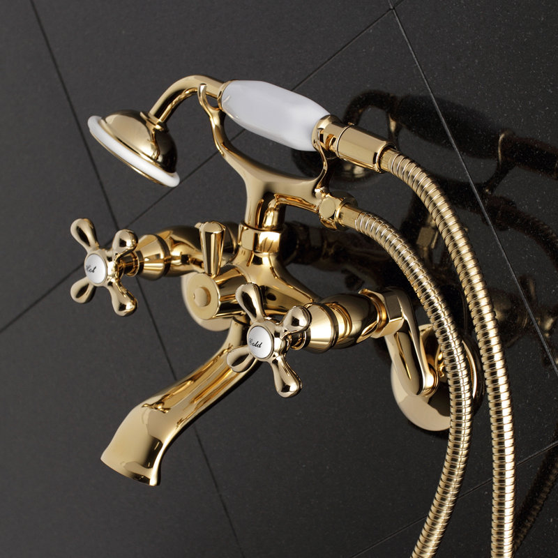 Victorian Polished Brass Wall Mount Clawfoot Tub Faucet with Cross Handles and Hand Shower