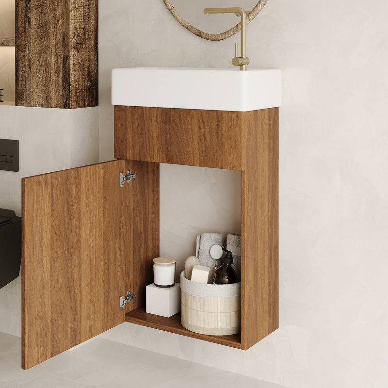 Meuble-lavabo flottant moderne de 16,5 pouces avec rangement, poignée en or rose et porte à fermeture en douceur, convenant aux conduites compactes avec drain de taille réglable Mid-Century, optimisation de l'espace de porte