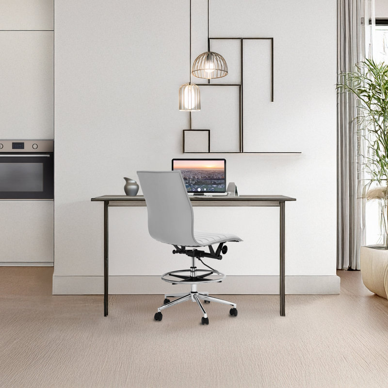 Modern Drafting Chair | Upholstered PU Leather Ribbed Armless Mid Back with Tall Adjustable Base & Leg Rest | Tilt Lock, Swivel | Computer, Home, Executive, Conference, Meetings 