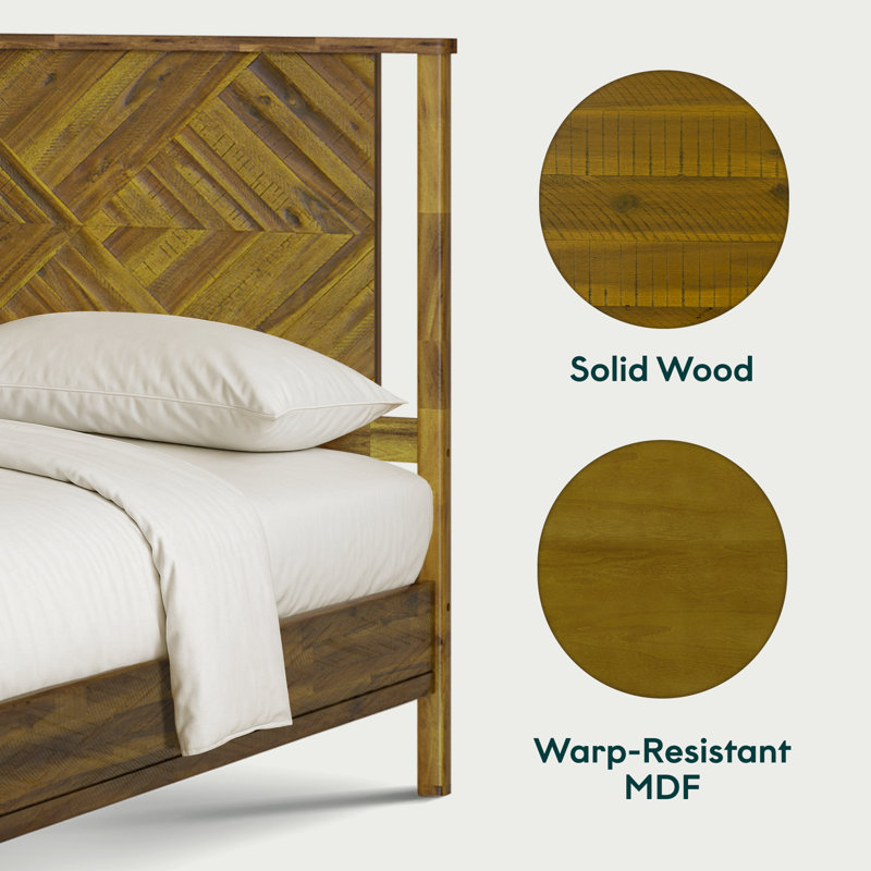 Ethan Solid Wood Platform Bed with Headboard, Rustic Bed Frame, Rustic Brown, Queen