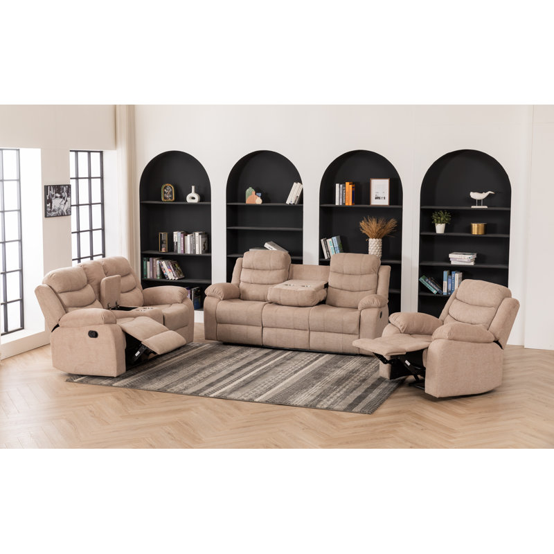 Ensemble de salon inclinable manuel 3 pièces avec porte-gobelets, Chameau
