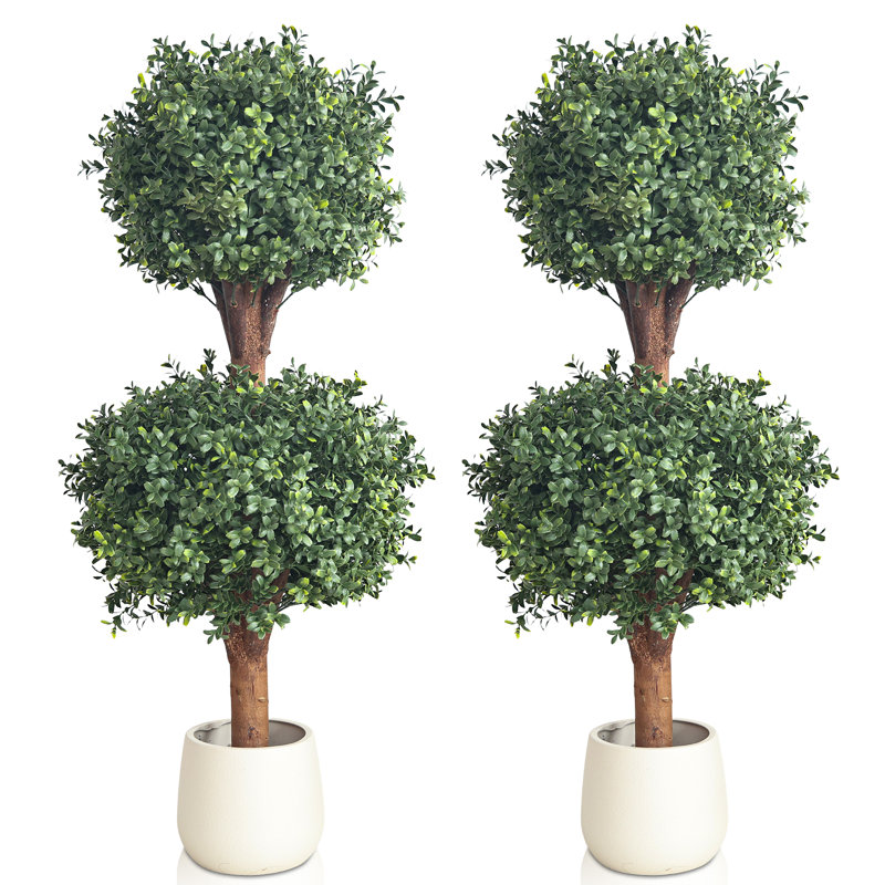 36" Artificial Double Ball Topiary Tree in Pot (Set of 2), White