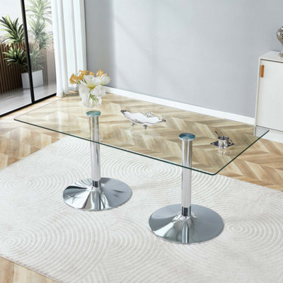 Table de salle à manger moderne et minimaliste avec plateau en verre trempé et pieds en métal galvanisé, idéale pour une salle à manger élégante et spacieuse