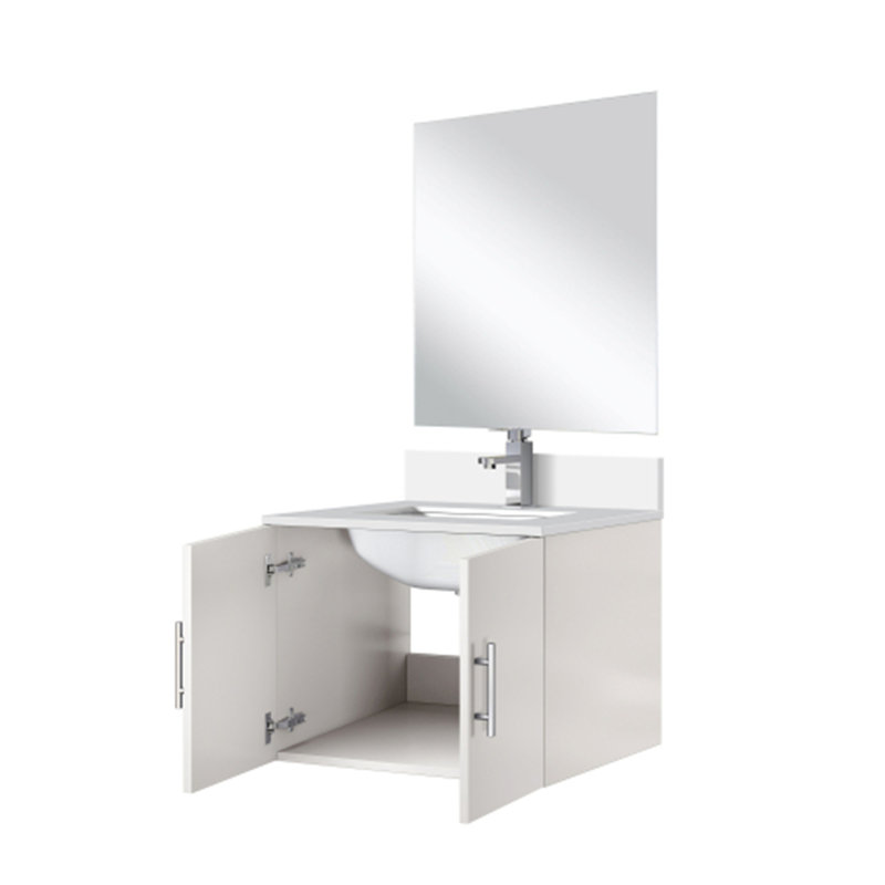 Meuble-lavabo simple.   Ensemble de comptoir en quartz, miroir et robinet, Blanc brillant