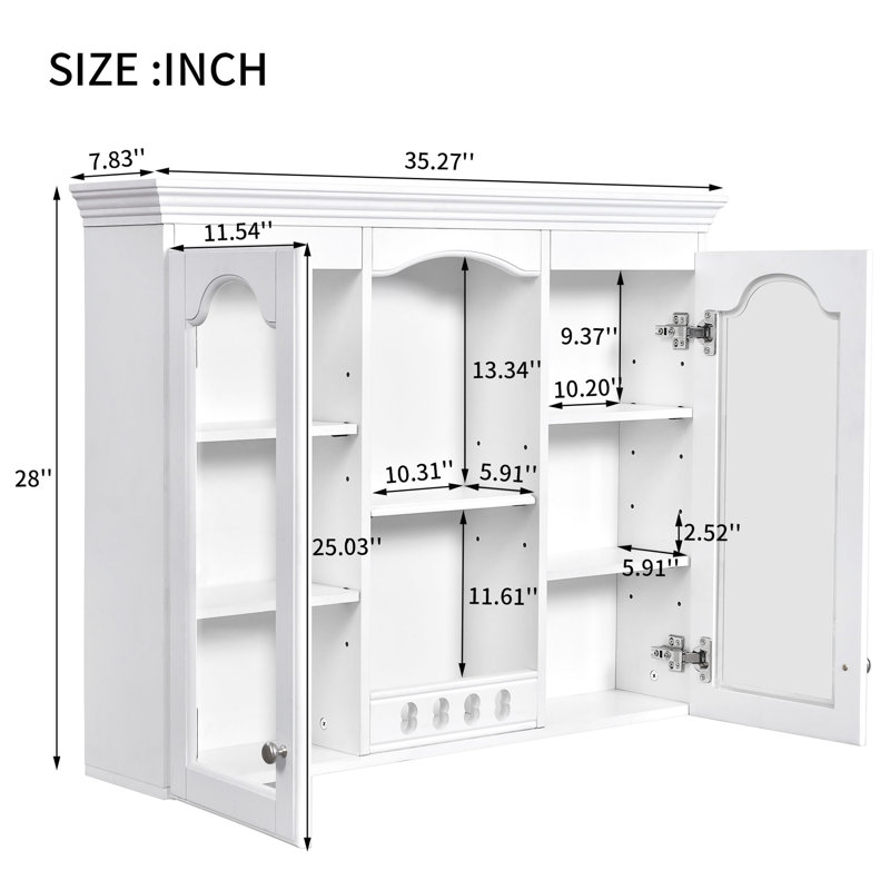 Armoire de salle de bain murale, 2 portes, peu encombrante, finition blanche, tablettes intérieures réglables, blanc, tablette pour fournitures