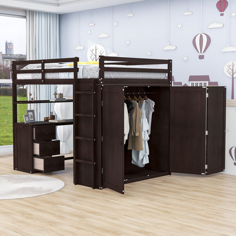 Lit mezzanine avec tiroirs Heathyr Kids, Espresso, Lit double