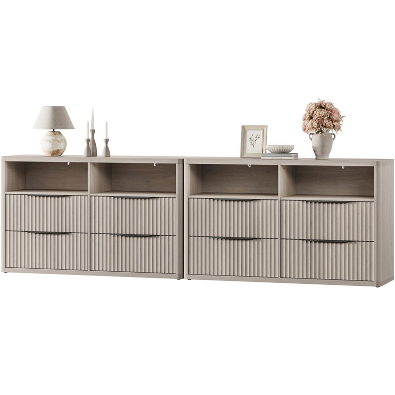  Commode cannelée moderne 56,5 "à 4 tiroirs avec 2 grands rangements ouverts, Aulne gris foncé