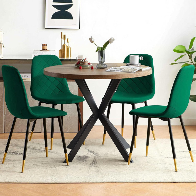 Small Kitchen Table Chairs Set Of 4, Round Pedestal Dining Table And Velvet Chairs, Green