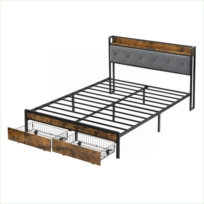 Modern Upholstered Storage King Bed Frame, Bedroom Bed Base with Integrated LED Lighting, Neutral Gray, Built-In Charging Station and 2 Under-Bed Drawers