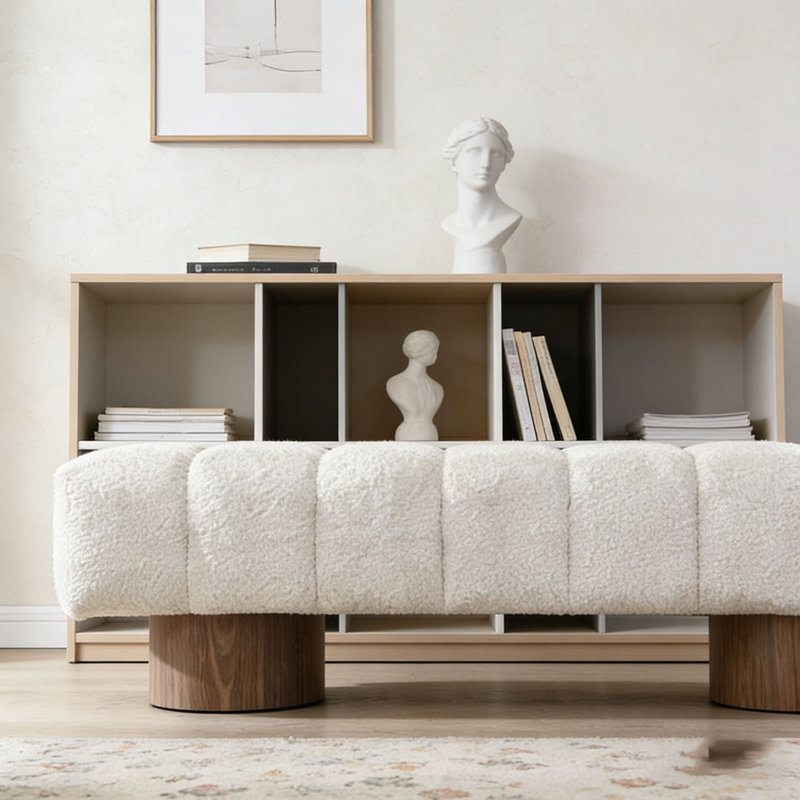 Banc de salle à manger rembourré, L 64 po, Fausse fourrure beige