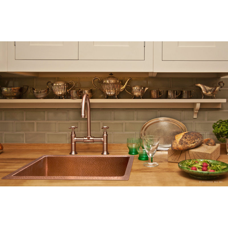 Fossil Blu Luxury 18" 12-Gauge Hammered Copper Undermount/Drop-In Sink, Medium Patina, Incl Accs