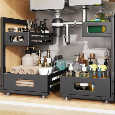 Slide Out Under Sink Organizer, 8-Level Adjustable Metal Cabinet Drawer For Kitchen Bathroom Laundry, 2 Pack, (Black)