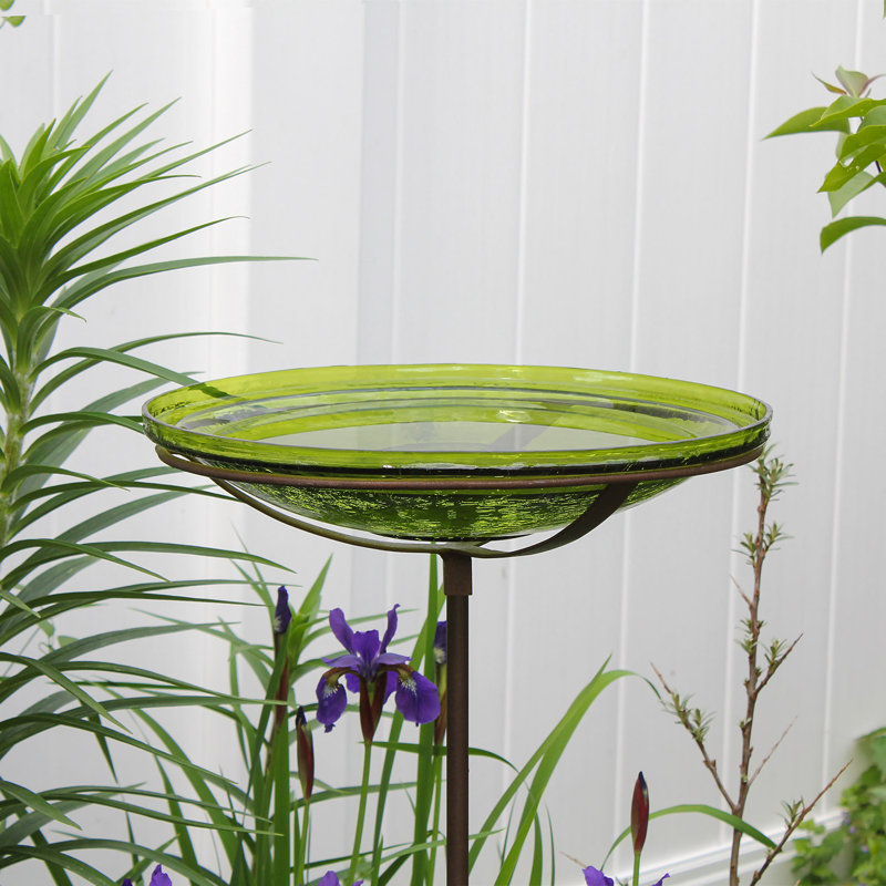 Fern Green Hand Blown Glass Birdbath with Stake