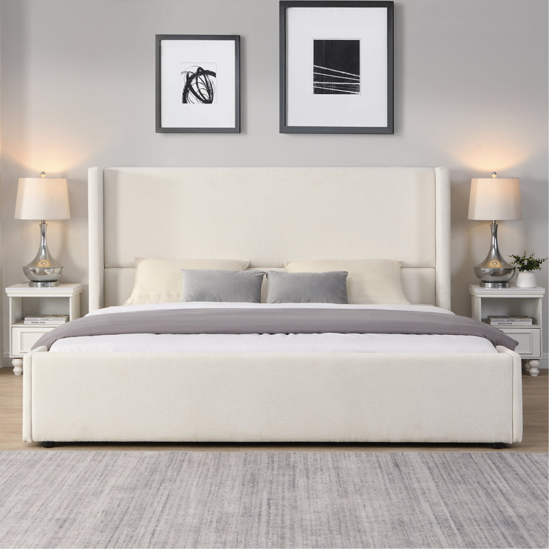 Lit rembourré en tissu élégant avec tête de lit haute, Très grand lit