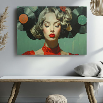 Canvas Wall Art Vinyl Crowned Woman Canvassurreal Portrait In Red With Record Hair Ready To Hang Gallery Wrapped Home Decor Modern Design