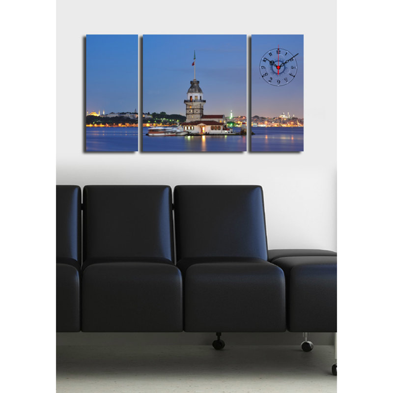 Horloge murale élégante en toile décorative (3 pièces), 33,5 po x 17,7 po | Toile 100% suède avec cadre 100% bois (épaisseur: 1,2 po) | Décoration élégante pour le salon et le bureau, design unique et horloge