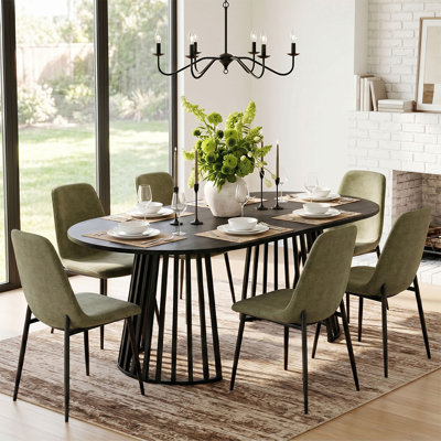 6- Person Dining Table Sets With Extendabe Oval Table & 6 Upholstered Chenille Dining Chairs
