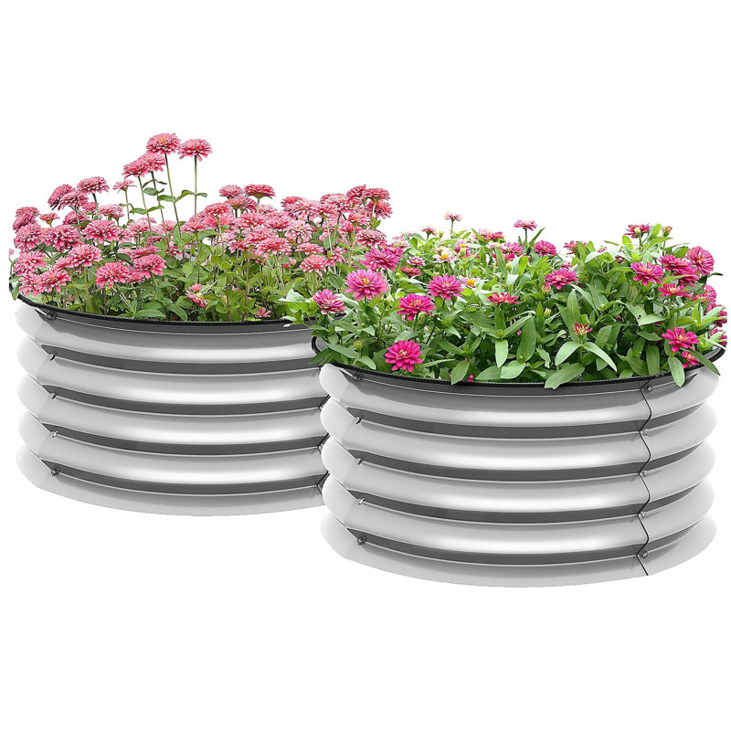 Outsunny Galvanized Raised Garden Bed Set of 2, Planters for Outdoor Plants with Safety Edging, Easy-to-assemble Stock Tanks for Growing Flowers, Herbs and Vegetables, Silver