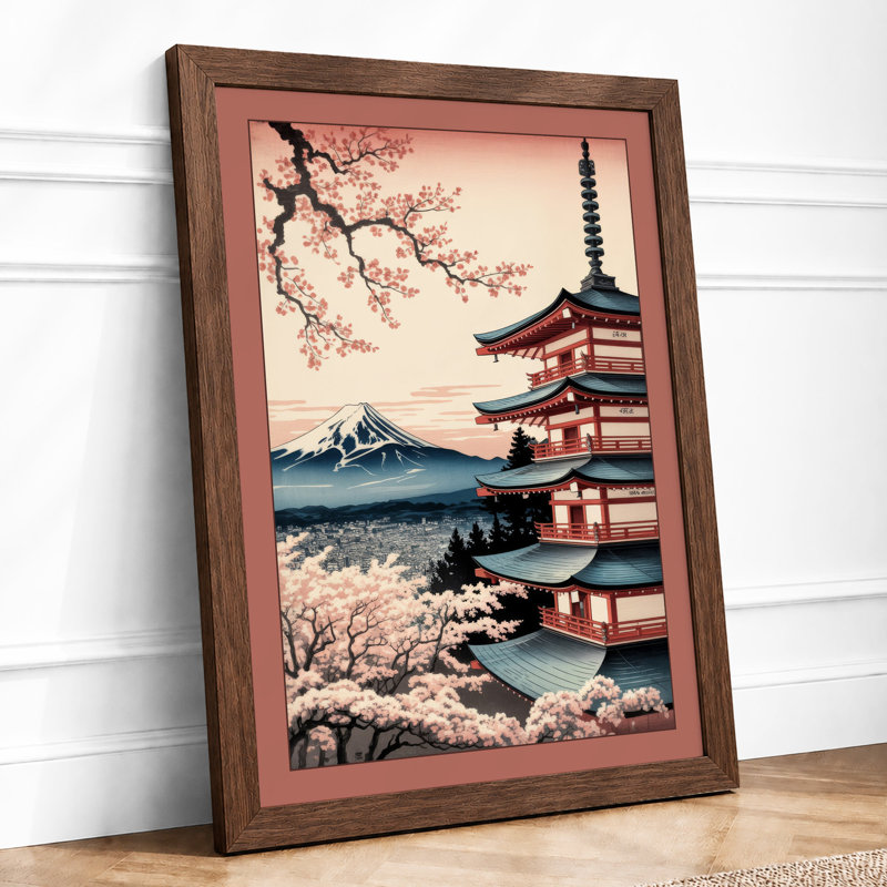 Pagoda at Dawn Japandi - Framed Print, A2 - 59.4 x 42.0 cm, Oak