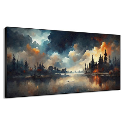 Dramatic Evening Forest Tranquil Lake with Moody Clouds Extra Large Framed Wall Art Print Decor (Frame Assembly Required)