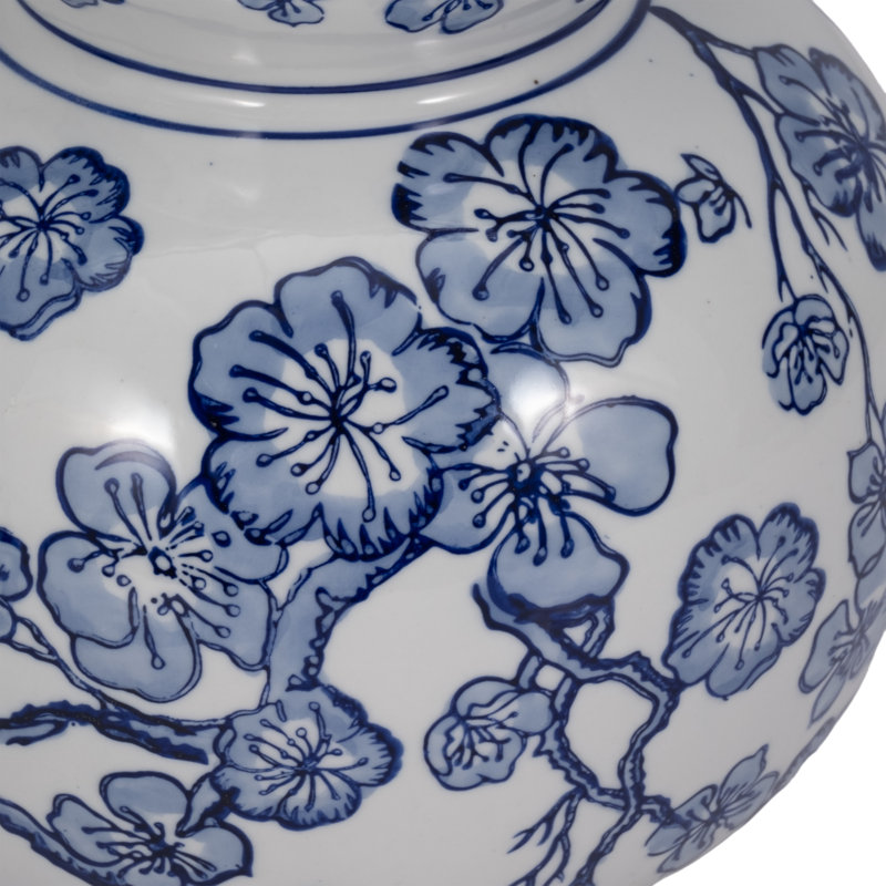 Ceramic Gourd Vase, 13" Blue/White Cherry Blossom Chinoiserie, 13" H x 9" W x 9" D