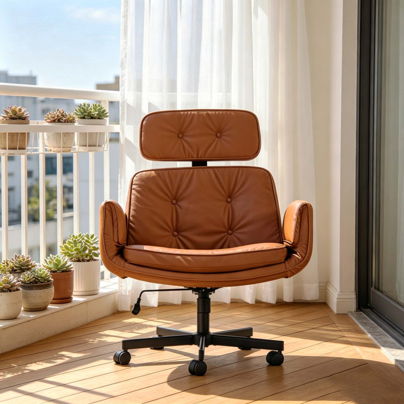 Adjustable Criss Cross Office Chair with 6-Gear Armrests & Headrest, PU Leather Wide Seat Swivel Chair for Cross-Legged Sitting, Ergonomic Lounge Desk Chair for Home, Vanity, and Gaming