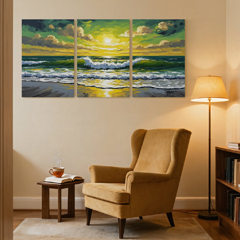 Nautique et plage, vagues océaniques, coucher de soleil, plage, ensemble de 3 reproductions d'art sur toile