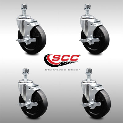 5 Inch SS Soft Rubber Wheel Swivel ½ Inch Threaded Stem Caster Set Brake SCC