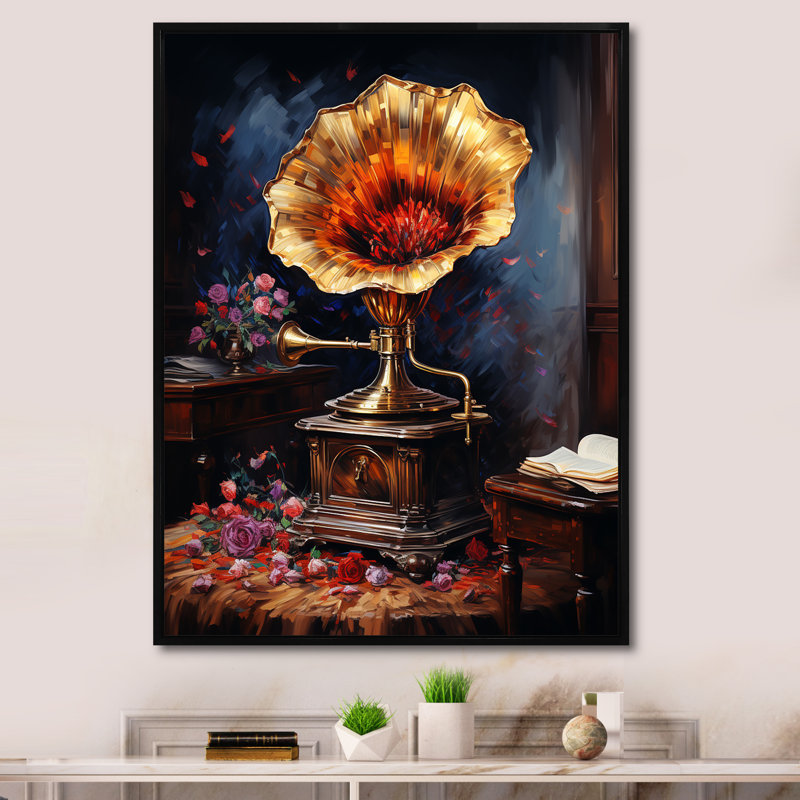 Gold Phonographs Elegance II - Phonographs, art mural, H 32 po x l 24 po x P 1 po, Cadre flottant noir