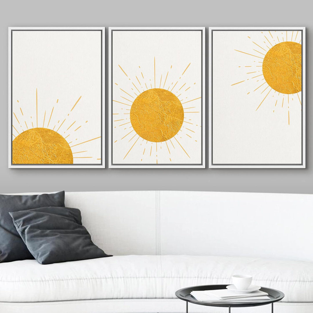 Sun And Moon " Shining Yellow Rising Sun Phases Nature Wilderness " 3 - Pieces IDEA4WALL 