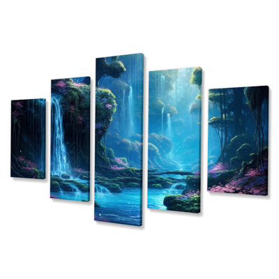 «Blue Green Calming Waterfall - Lakes & Rivers», impression murale - 5 panneaux