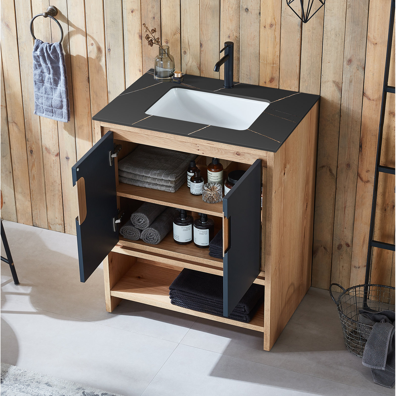 Diani 30" Single Bathroom Vanity, Black of Night/Maple, Black