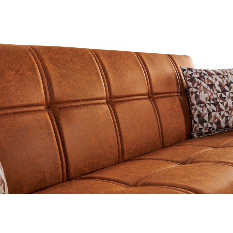 Twin 85'' Upholstered Convertible Sofa, Brown, Cream Microfiber/Microsuede