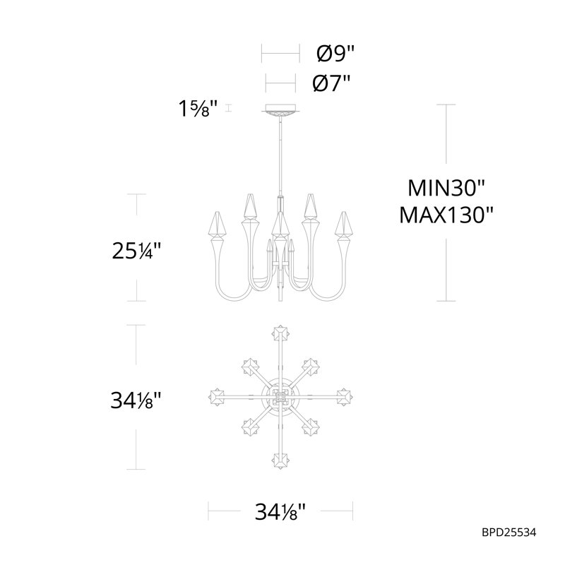 Plumeria LED Pendant, Black, 25.25" H x 34.13" W x 34.13" D, 8 Lights
