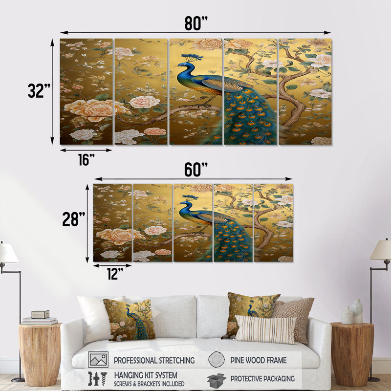 Chilmark - paon, art mural sur toile 5 pièces, H 32 po x l 80 po