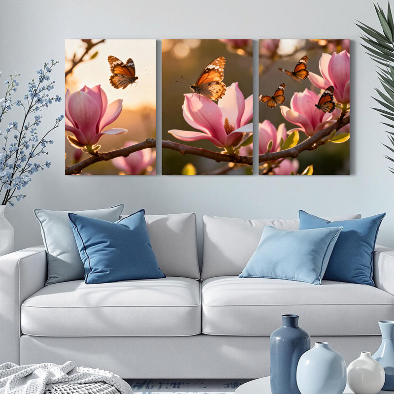 Ensemble de 3 tableaux sur toile tendue représentant des papillons et des fleurs de magnolia rose, pour la décoration du salon et de la chambre à coucher.
