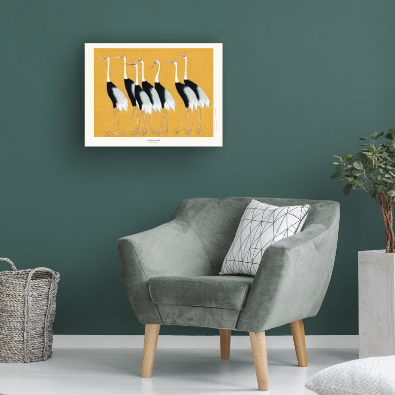 Japanese Red Crown Crane Canvas Wall Art in Yellow and Black