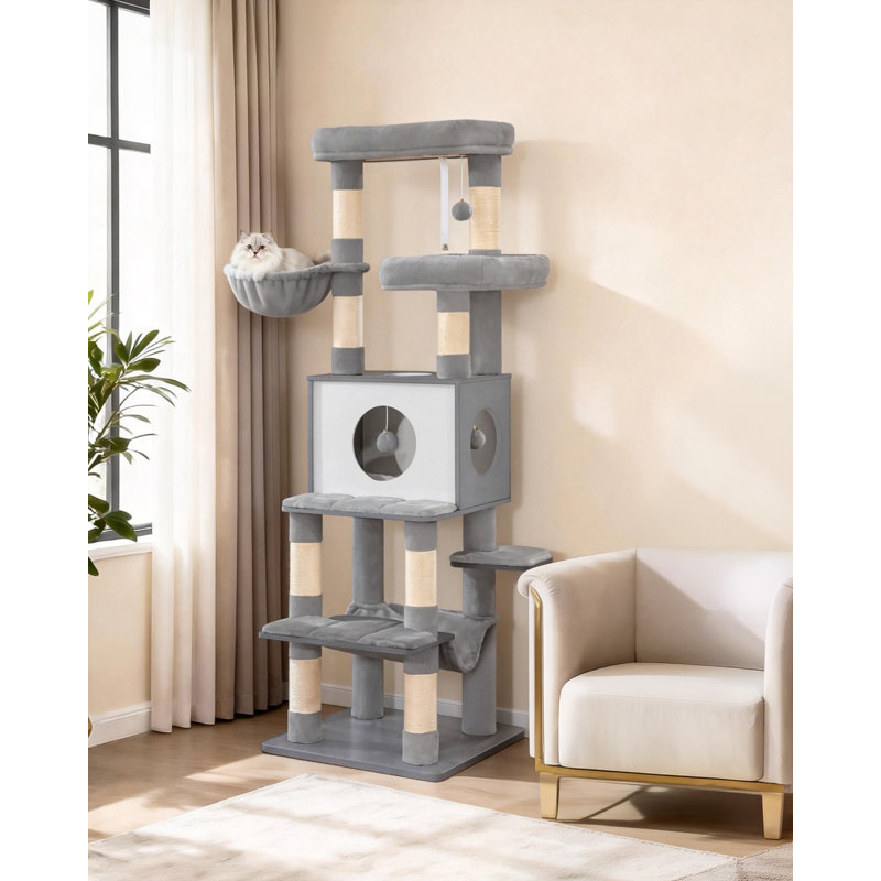 166 cm Wooden Cat Tree, Large Modern Cat Tower for Indoor Cats with 8 Scratching Posts, Removable Washable Mat, 2 Platforms, Cave, Basket, Hammock, Pompoms 