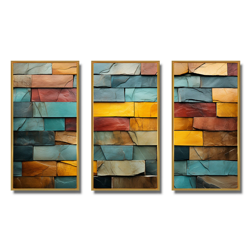 Boho Earth Element Stones Mosaic II - Boho mosaïque murale, art mural, Cadre flottant doré, H 28 po x l 36 po x P 1 po