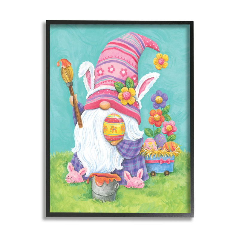 Gnome fantaisiste, peinture, œufs de Pâques, fleurs festives, giclée noire, art texturé par Diane Kater