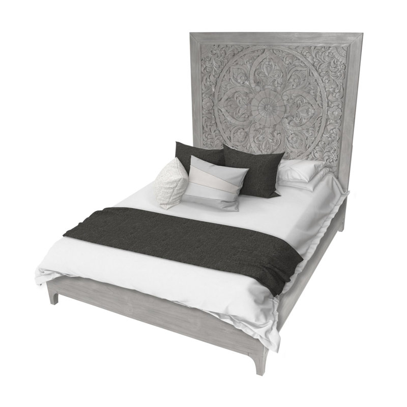 Boho Chic Sandblasted Pine Queen Bed with Carved Mandala Headboard
