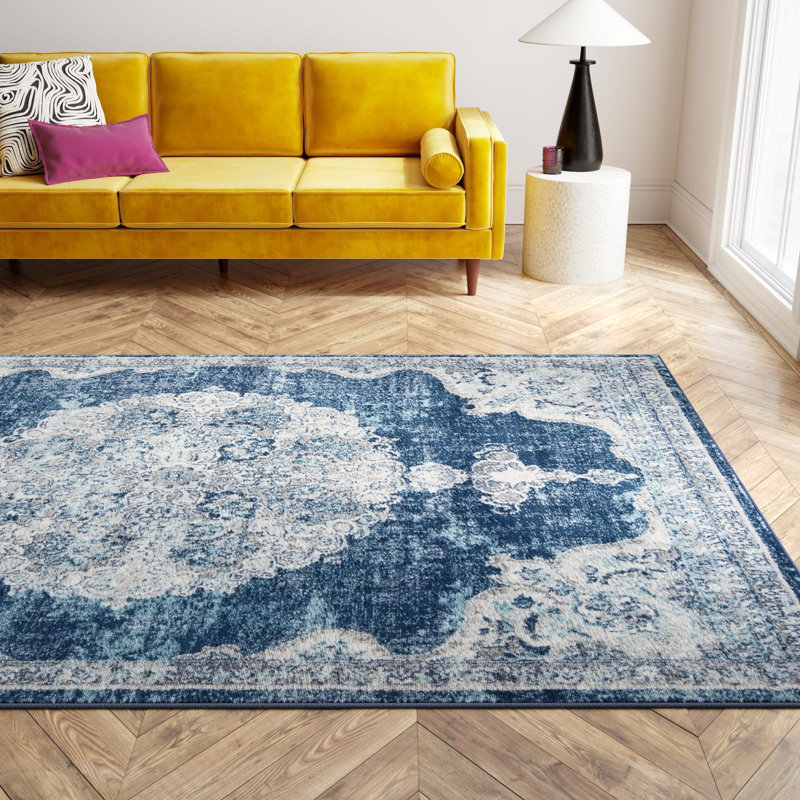 Tapis oriental bleu marine / ivoire Barcus, Rectangle 9 pi x 12 pi