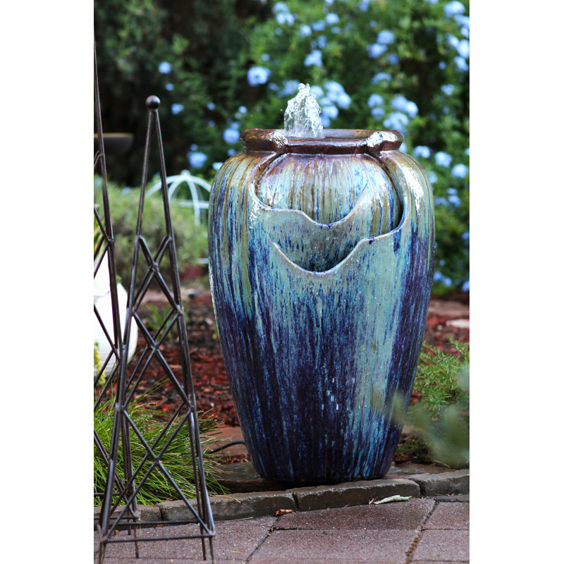 PLANTATOREM 32 inch Tall Tea Garden Outdoor Water Fountain - Self-Contained Ceramic Waterfall for Outdoor Garden, Patio, and Yard Decor (Red Copper on Violet) (21.0" D x 32.0" H)
