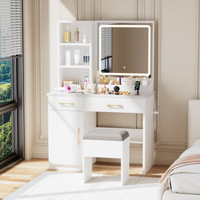 Functional Makeup Vanity Desk with Adjustable Mirror, Multiple Lighting Modes, and Ample Storage, Ideal for Bedroom Organization and Makeup Application.