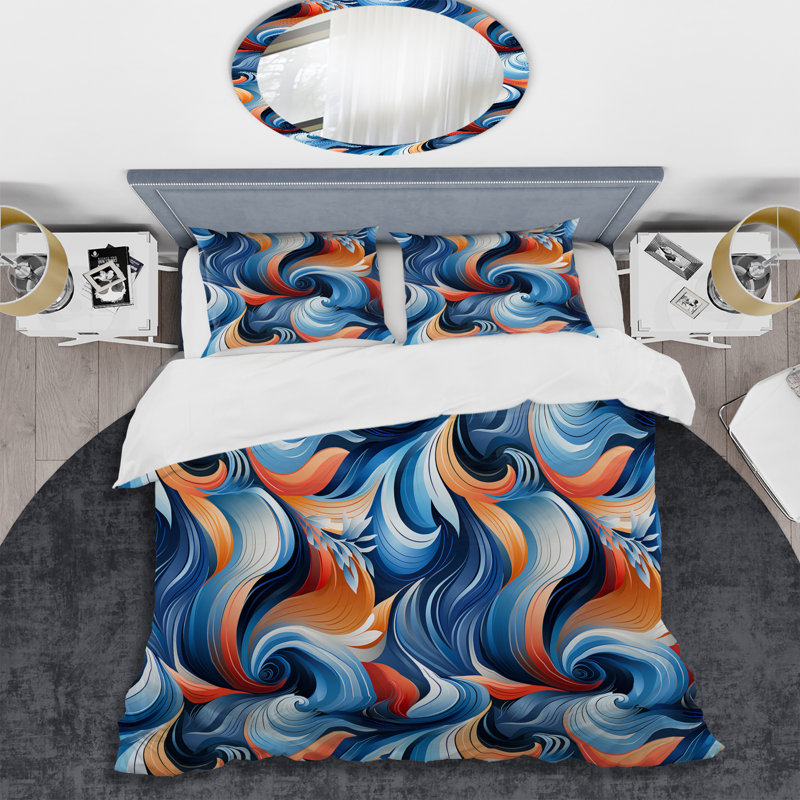 Literie harmonie bleue et orange, Housse de couette pour très grand lit et 2 très