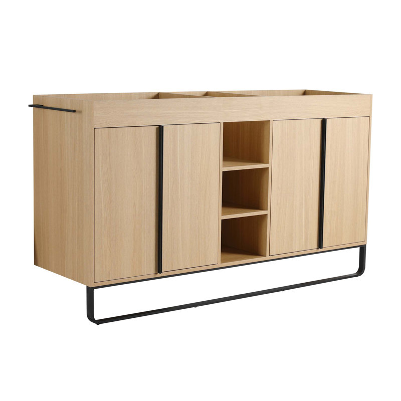 Armoire de salle de bain autoportante 60 po, 4 portes à fermeture douce et 3 tablettes de rangement ouvertes (meuble-lavabo seulement, sans lavabo)